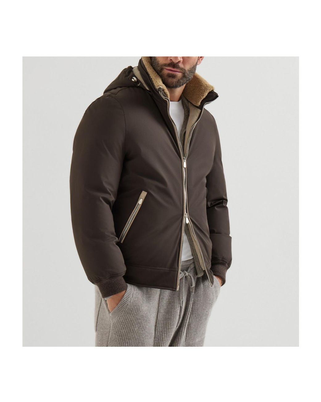 Brunello Cucinelli Brown Sherling Neck Bomber Jacket for men