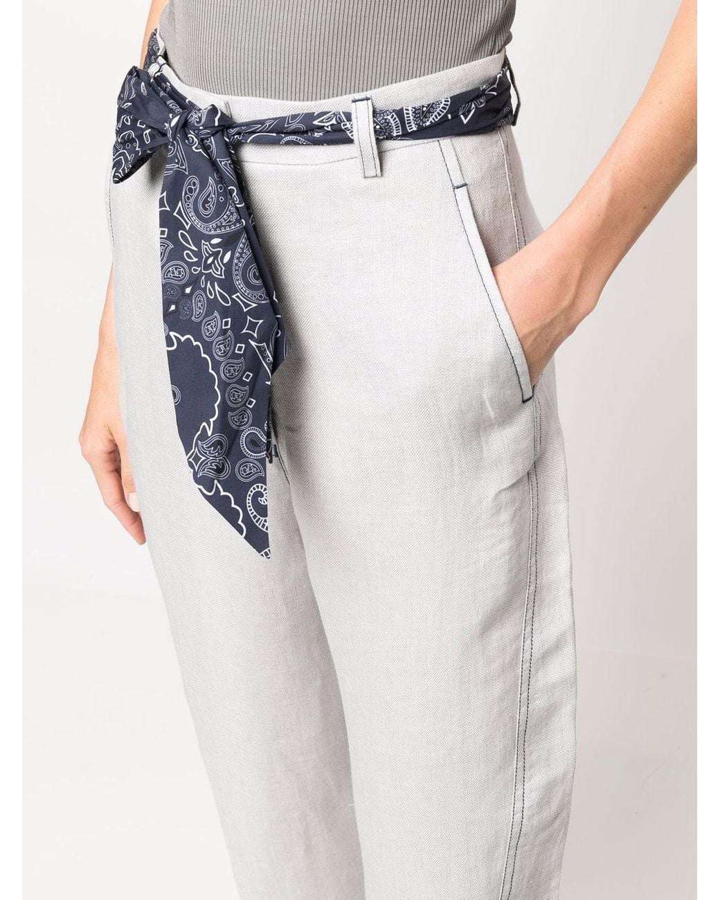 Emporio Armani White Logo Headscarf With Belt High-Waisted Linen Casual Pants