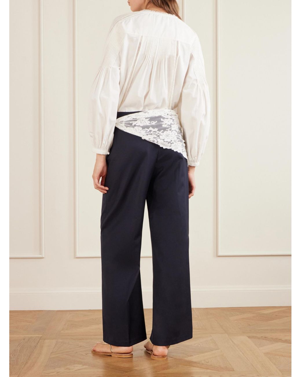 Sea Blue Lace-Trim Pleated Trousers