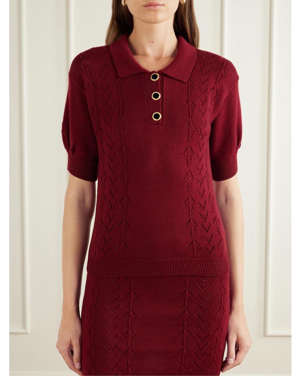 Alessandra Rich Red Open-Knit Wool Polo Shirt