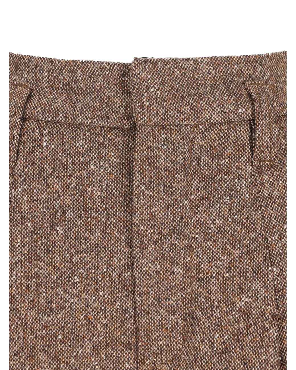 Brunello Cucinelli Natural Virgin Wool Donegal Pleated Barrel Trousers With Monili
