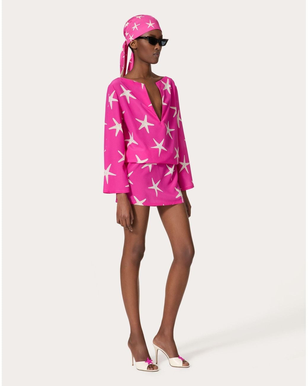 Valentino Pink Star Printed Creped Dress