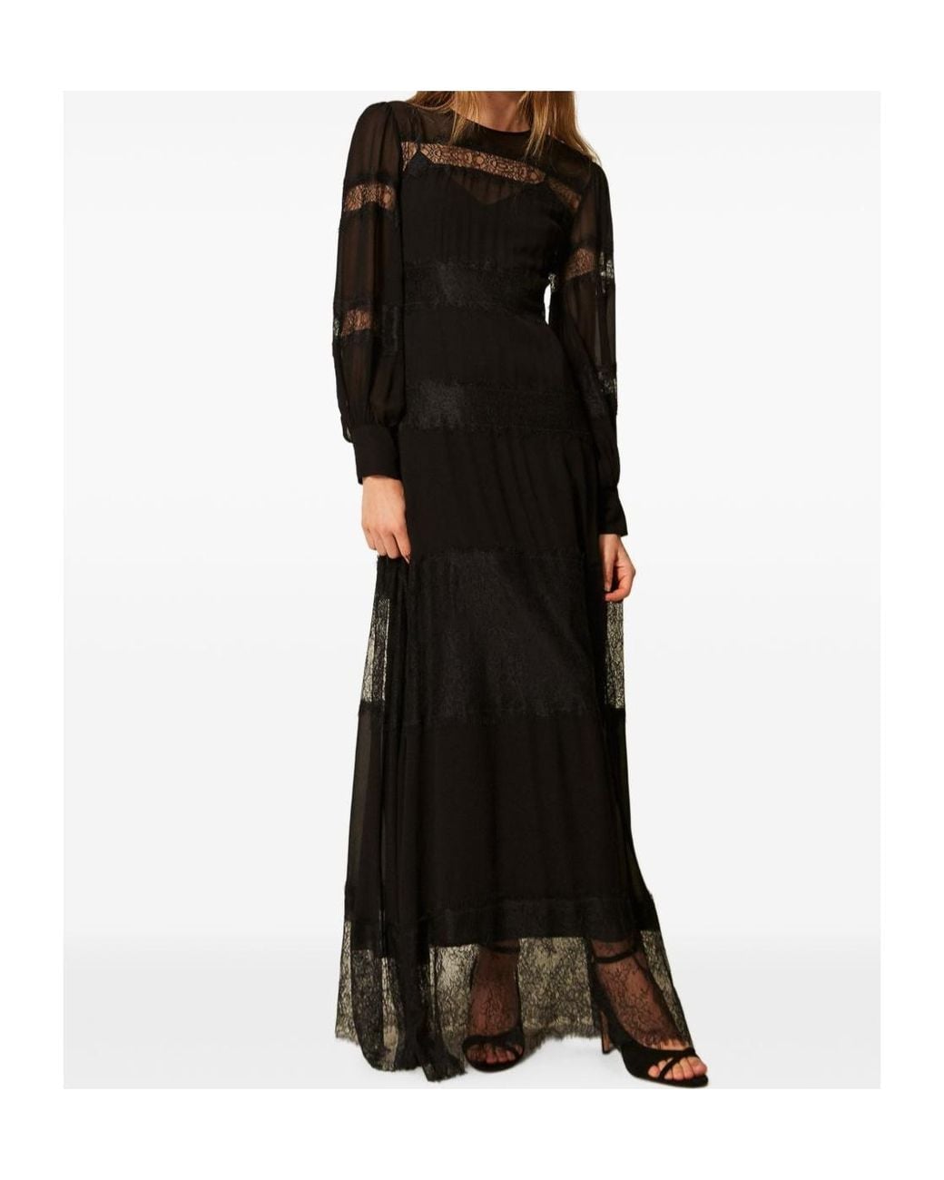 Twinset Black Georgette And Lace Long Dress