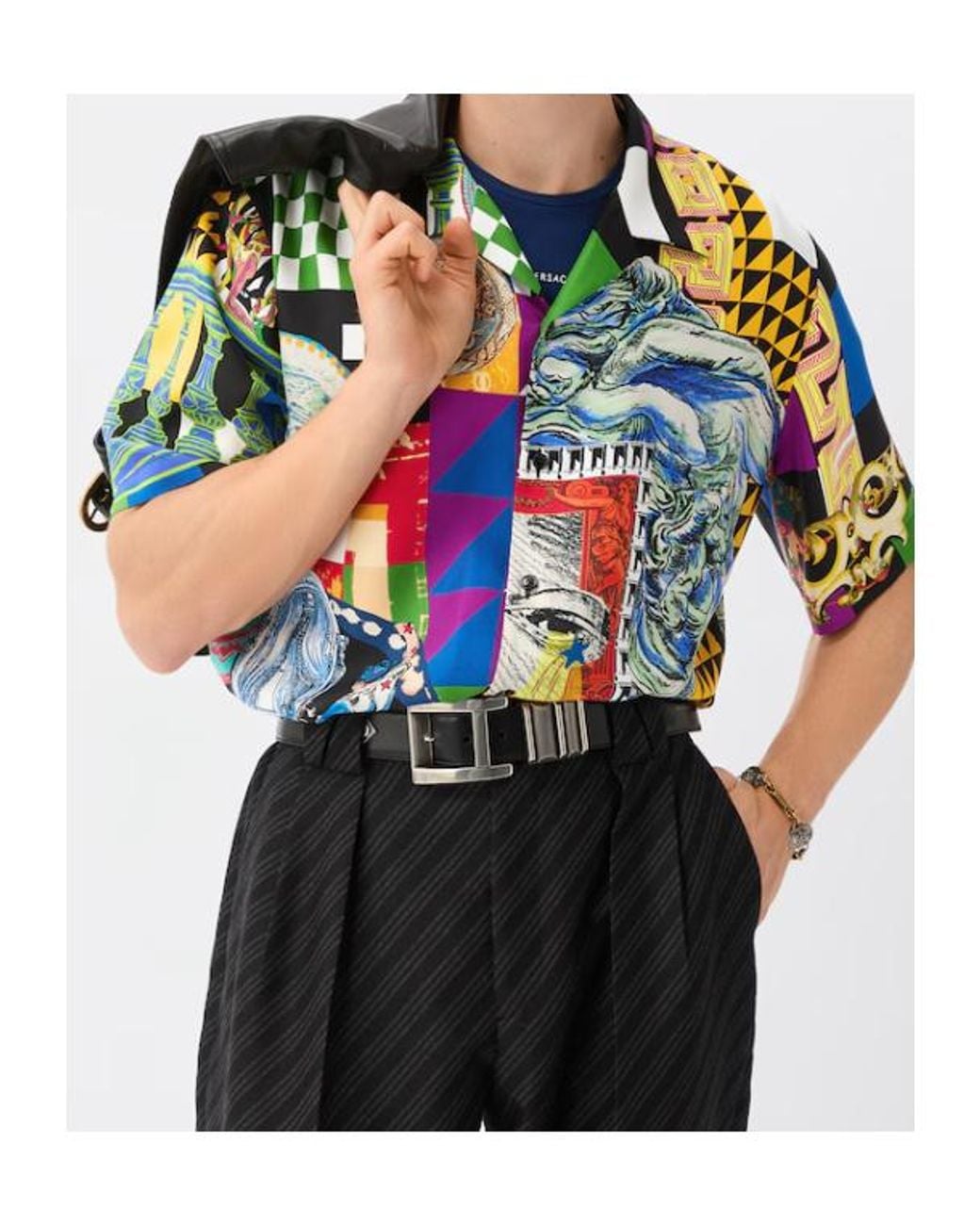 Versace Blue Pattern-Printed Short-Sleeved Twill Shirt for men