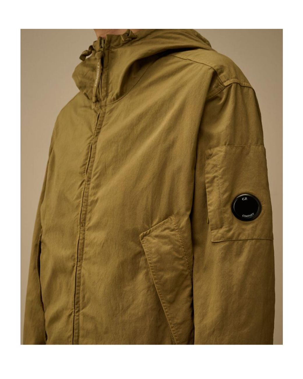 C P Company Green Twill Vest-Lined Hooded Jacket for men
