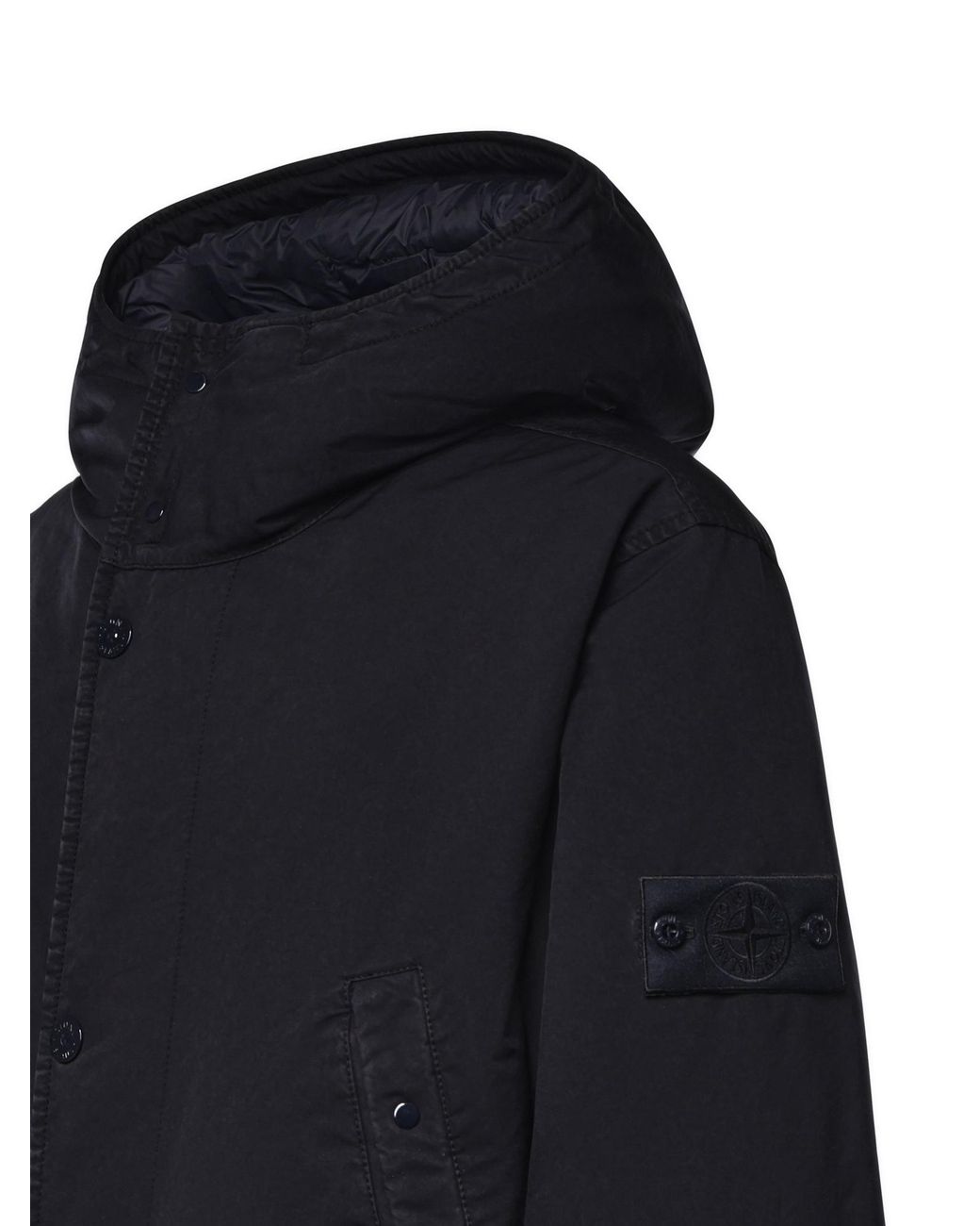 Stone Island Blue Logo-Patch Press-Stud Hooded Coat for men