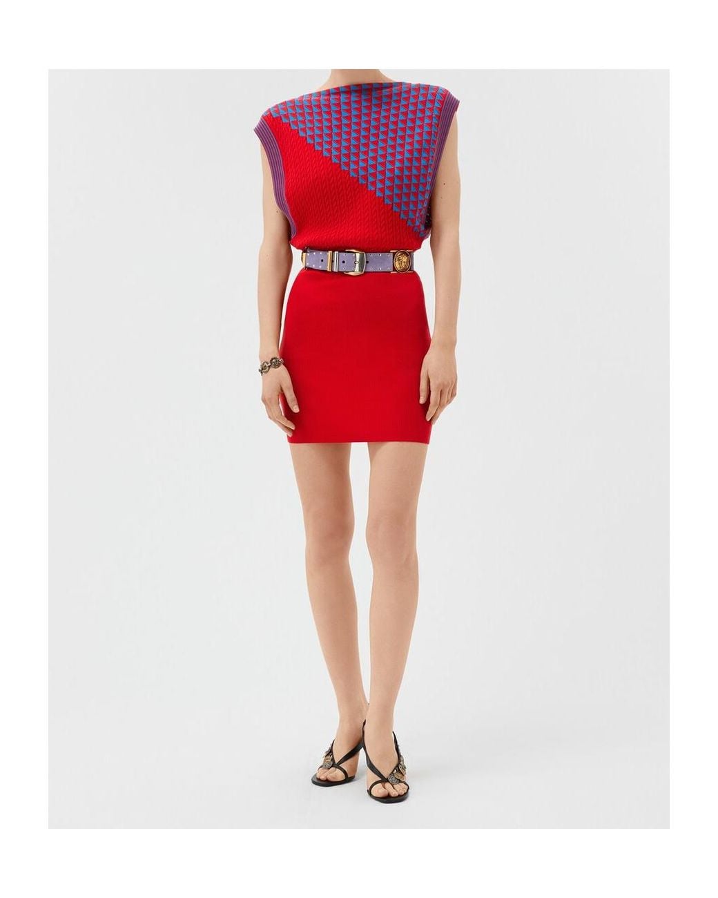 Versace Red Geometric Sleeveless Knitted Dress