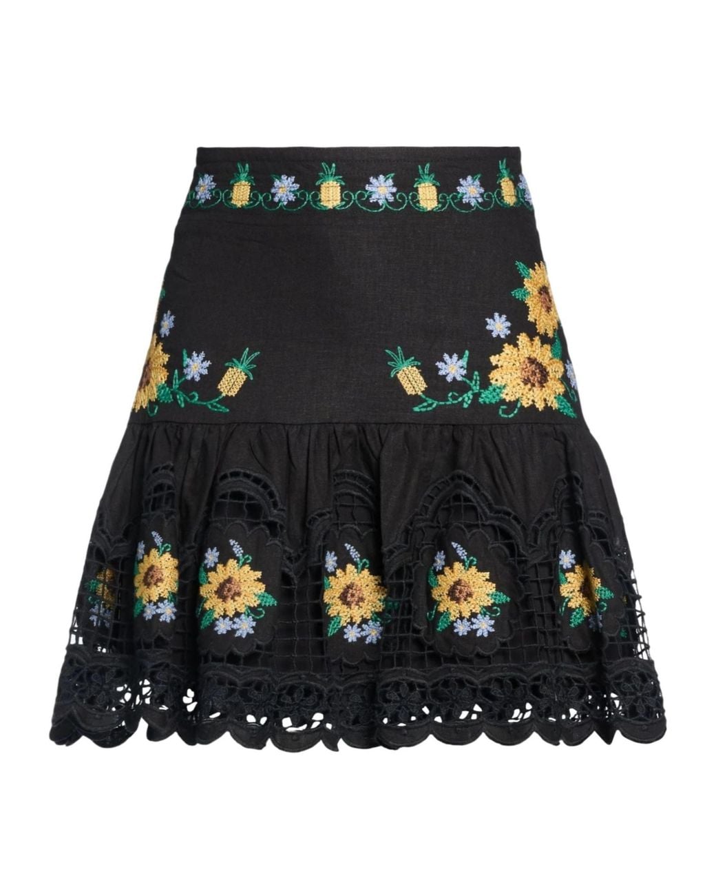 Farm Rio Black Floral Embroidered Umbrella Skirt