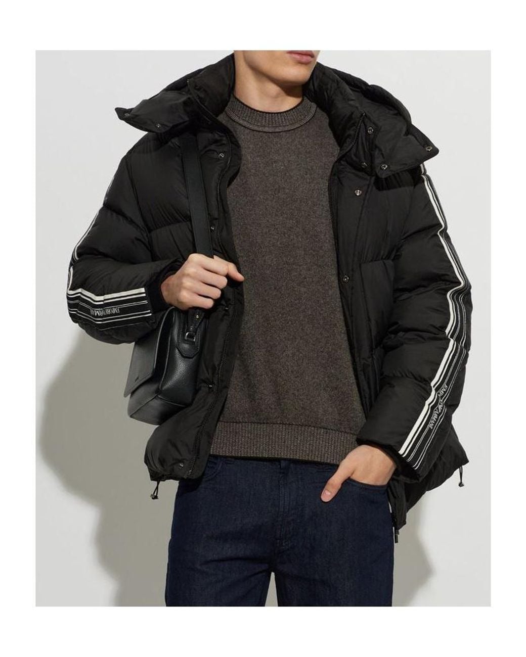 Emporio Armani Black Striped Hooded Down Jacket for men