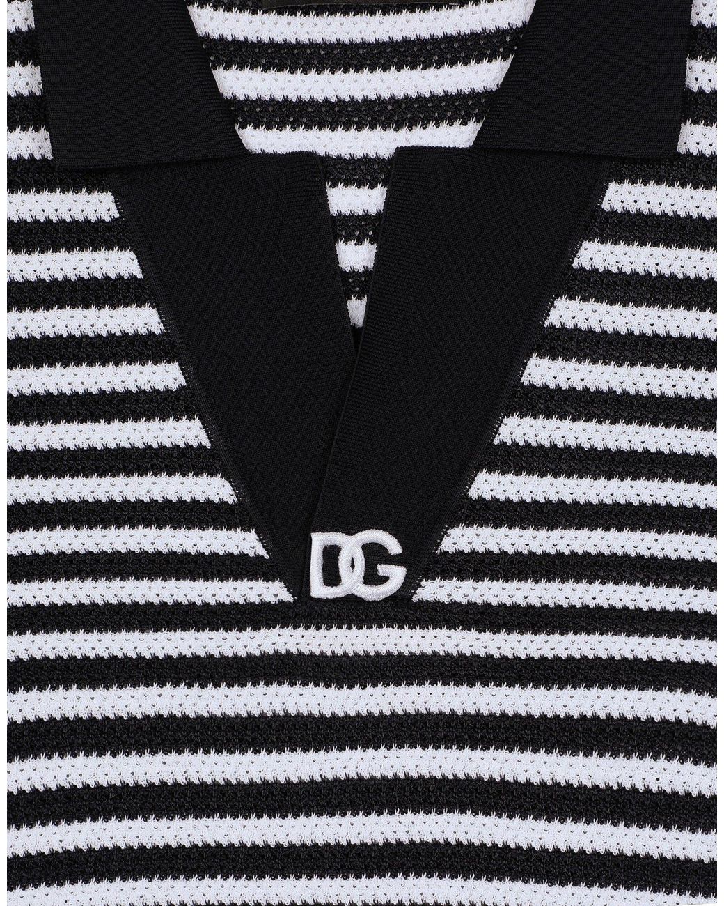 Dolce & Gabbana Blue Dg Logo Embroidered Striped V-Neck Polo Shirt for men
