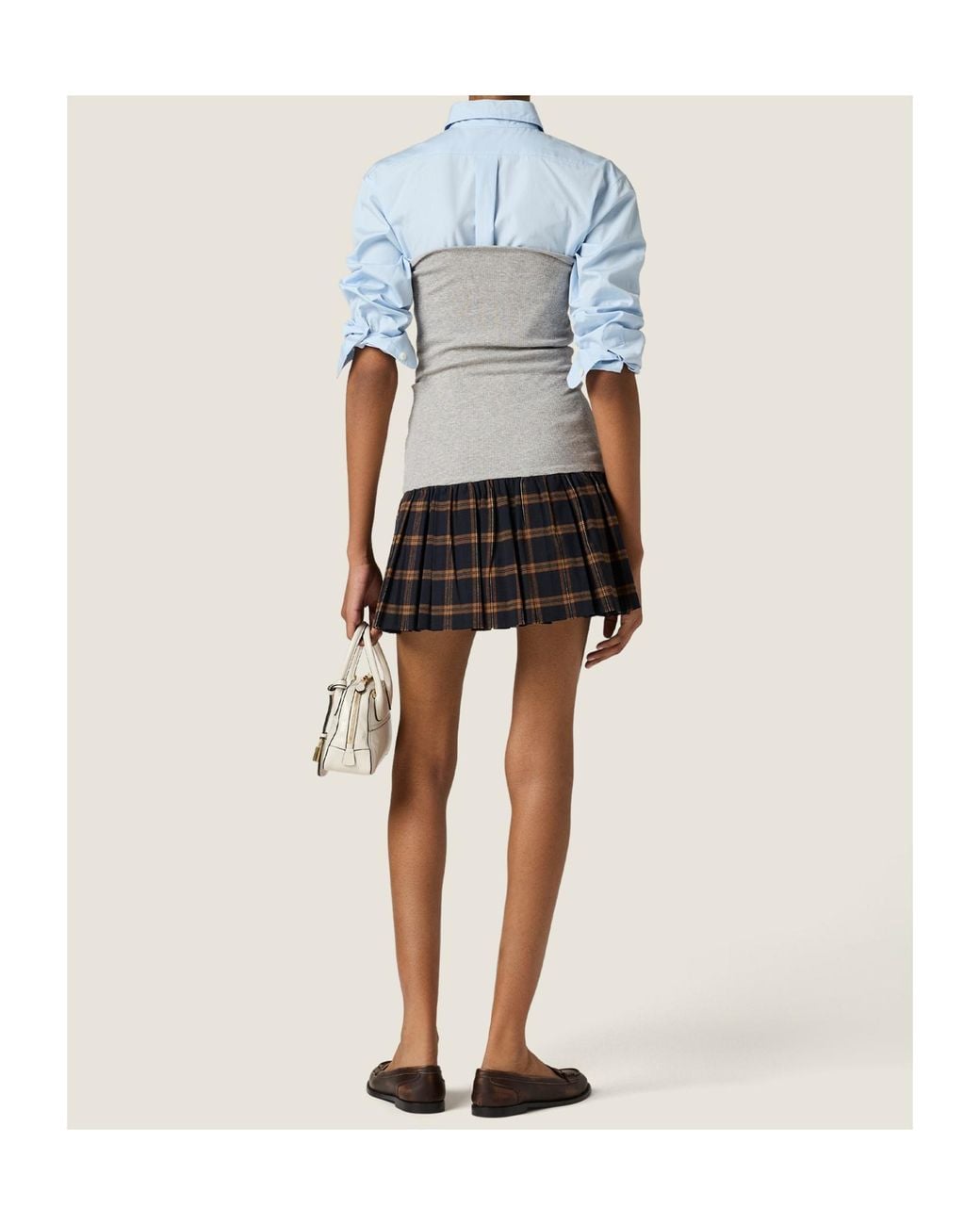 Miu Miu Gray Ribbed Knit And Checked Flannel Skirt