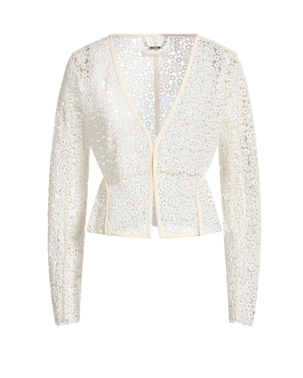 Chloé White Minimalist Lace Long-Sleeve Cropped Jacket