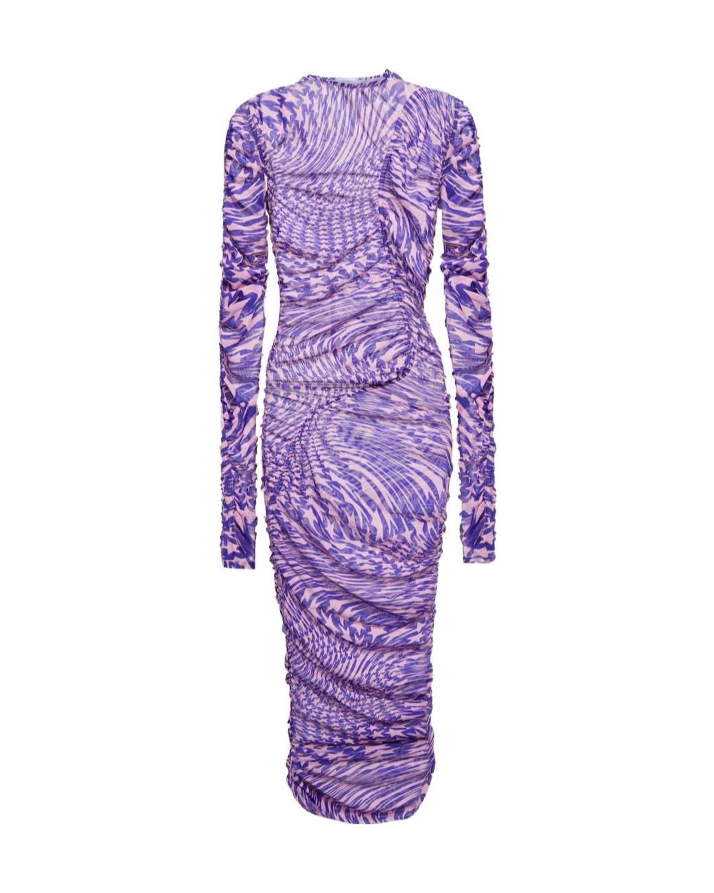 Mugler Purple Pleated Mesh Printed Dress