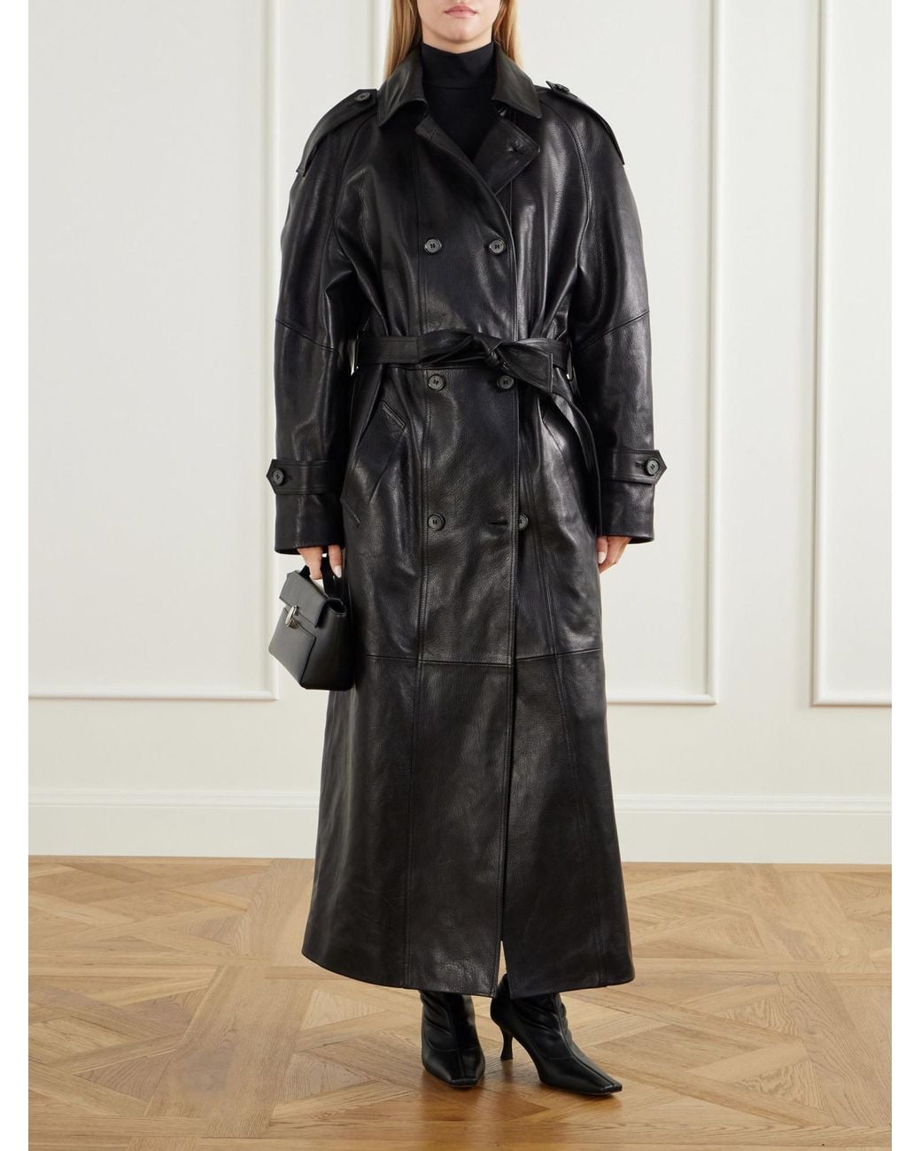 Magda Butrym Black Double-Breasted Full-Grain Leather Trench Coat