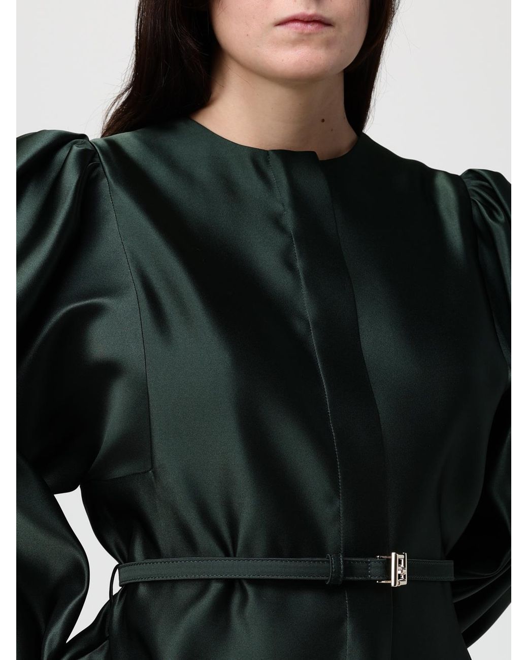 Fendi Green Duchess Crewneck Belted Jacket