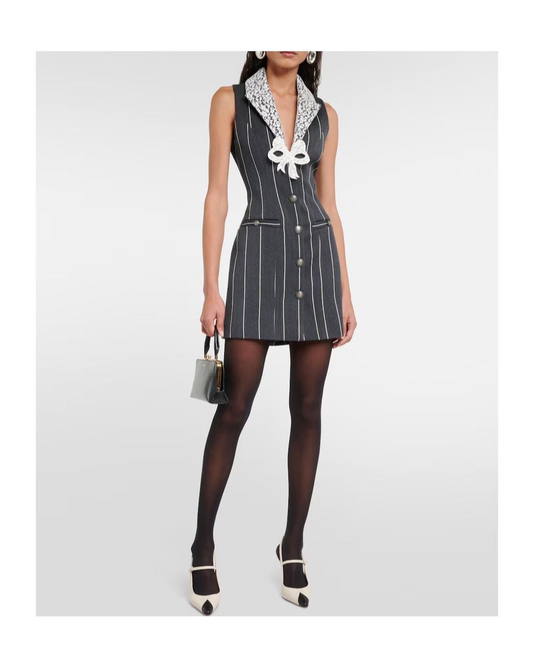 Alessandra Rich Black Pinstripe Wool-Blend Minidress