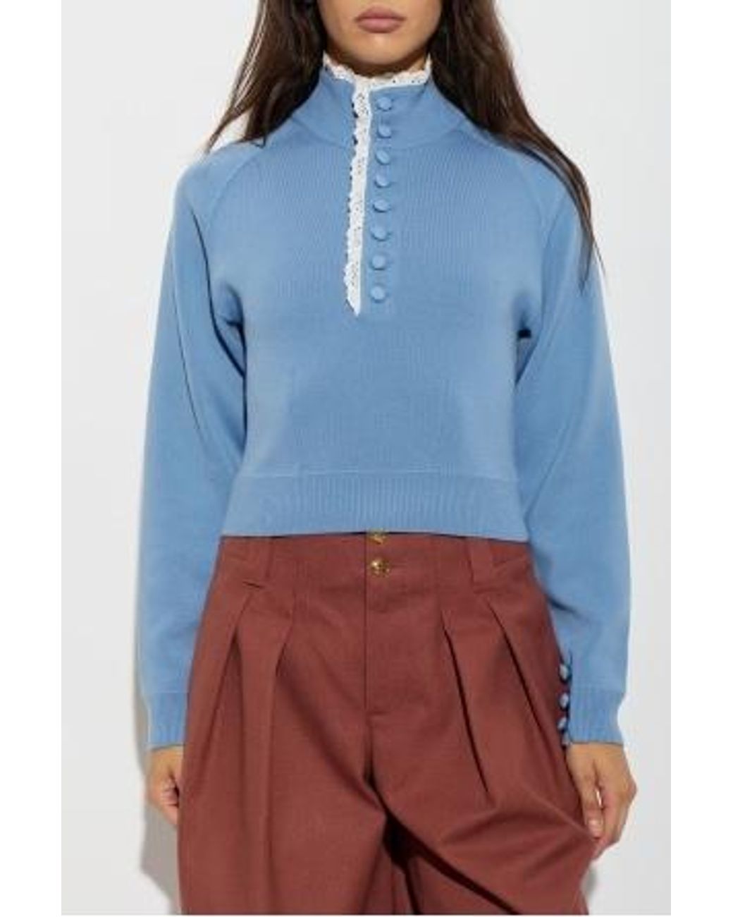 Chloé Blue Chloé Lace Trim Buttoned Knitted Sweater
