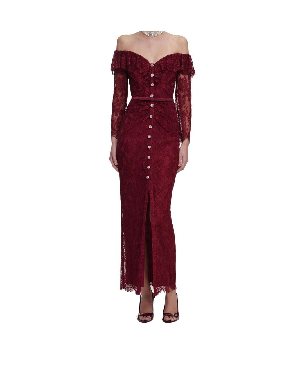 Self-Portrait Off-Shoulder Gathered Lace Maxi Dress