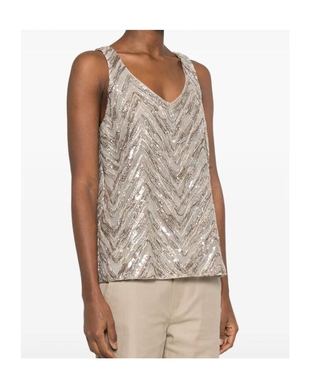 Brunello Cucinelli Natural Sequin-Embellished Chevron Top