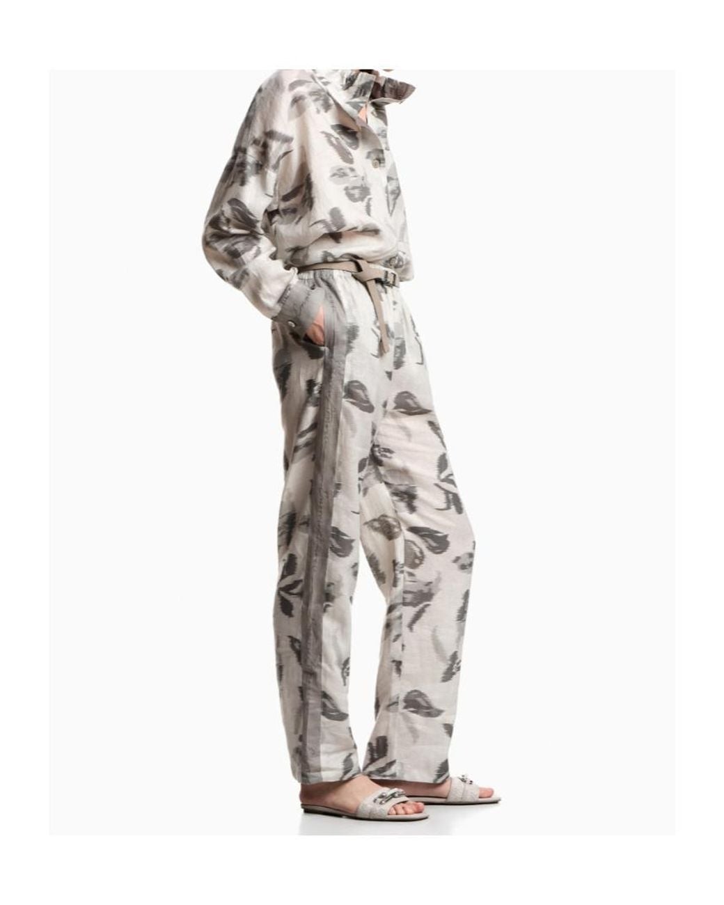 Emporio Armani Natural Linen Shirt With A Chiné Flower Print And High Collar