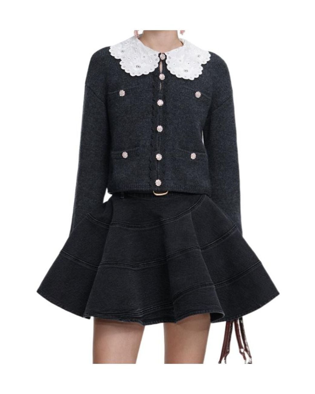 Self-Portrait Black Lace-Collar Button Cardigan