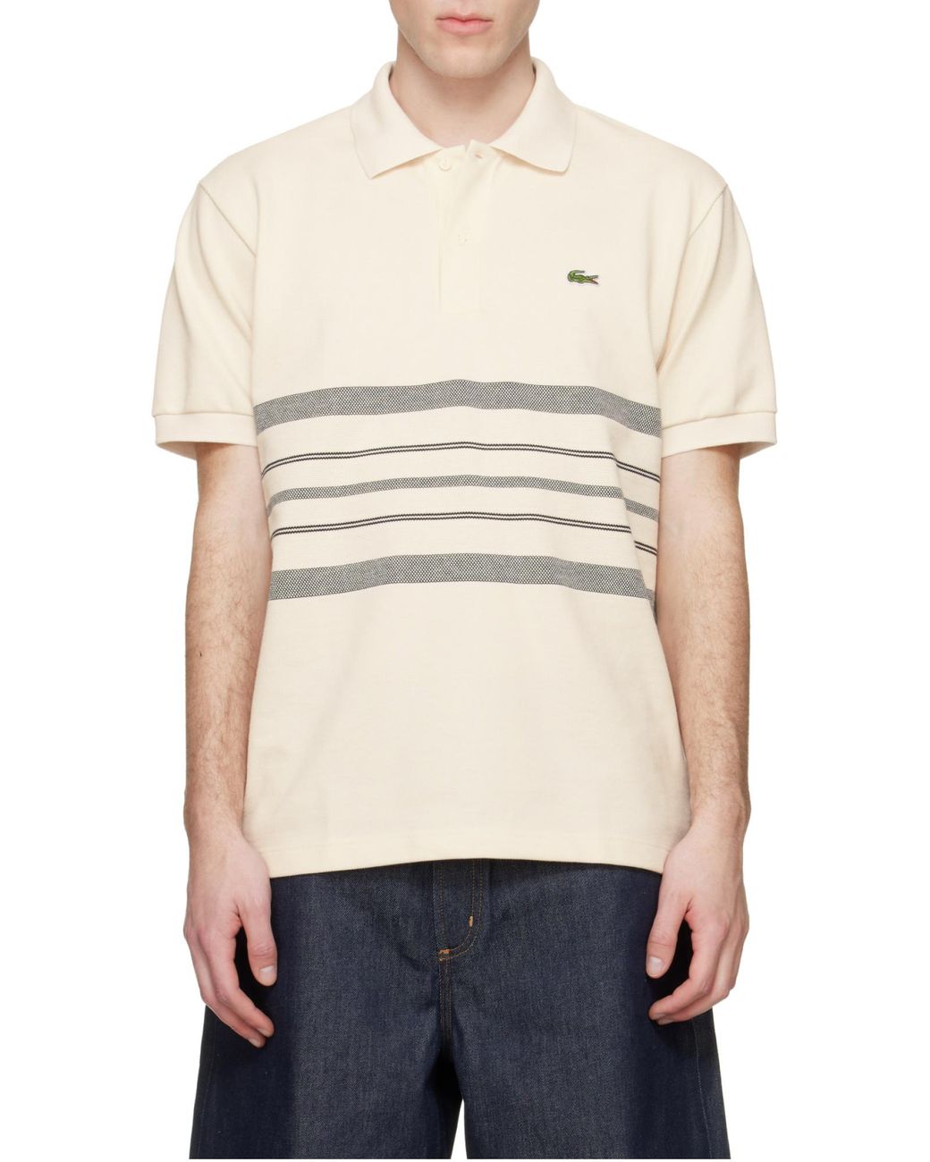 Lacoste White Classic Fit Stripe Detailed Polo Shirt for men