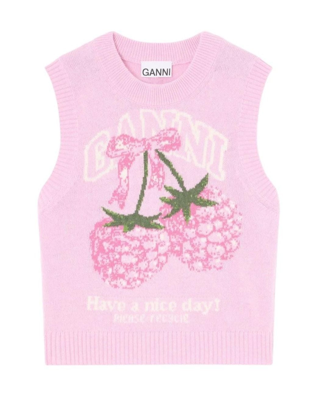 Ganni Pink Graphic Intarsia Knitted Top