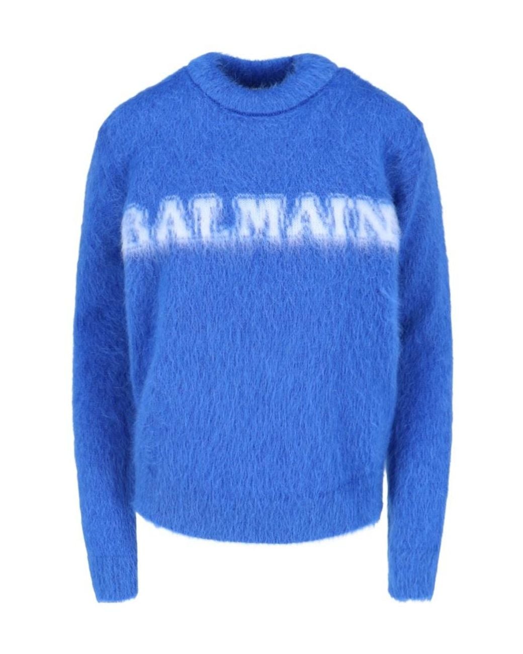 Balmain Blue Logo Jacquard Crewneck Knitted Jumper