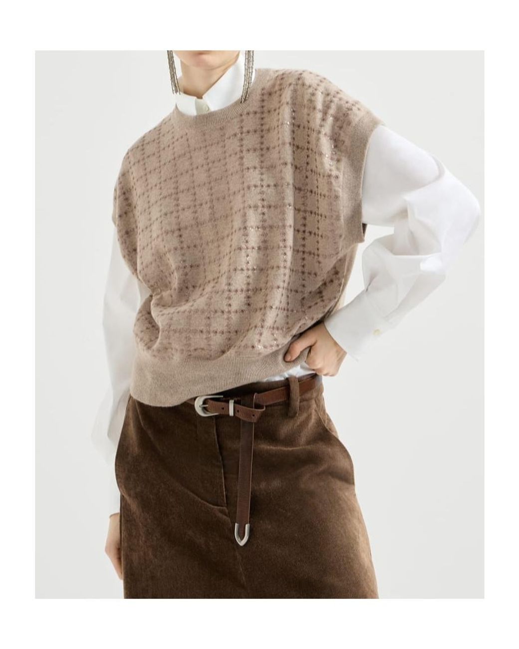 Brunello Cucinelli White Cashmere Knit T-Shirt With Dazzling Windowpane Embroidery