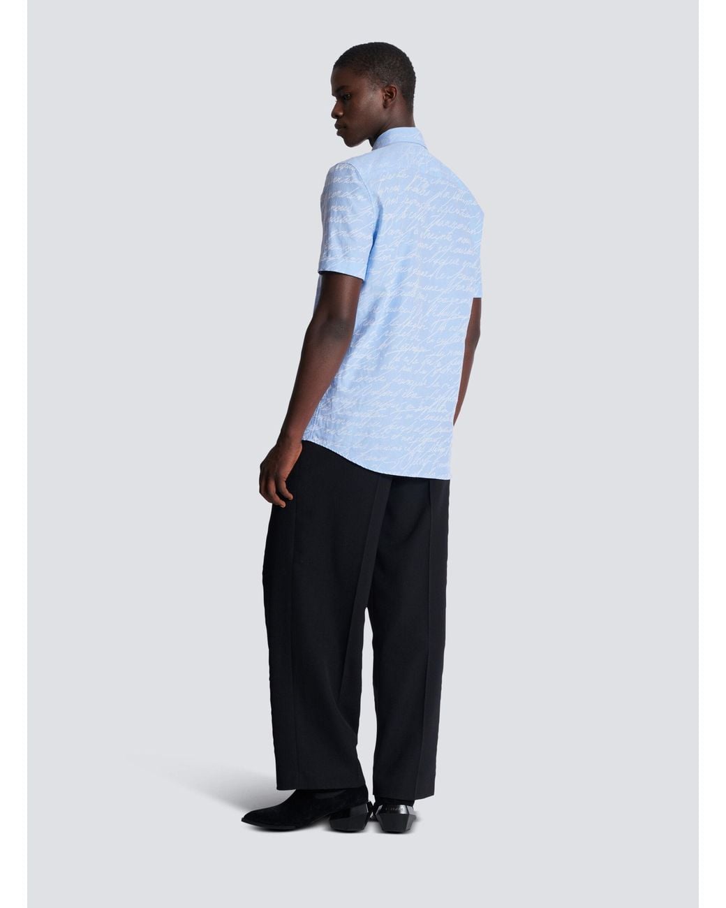 Balmain Blue Love Letter Printed Short-Sleeved Jacquard Shirt for men