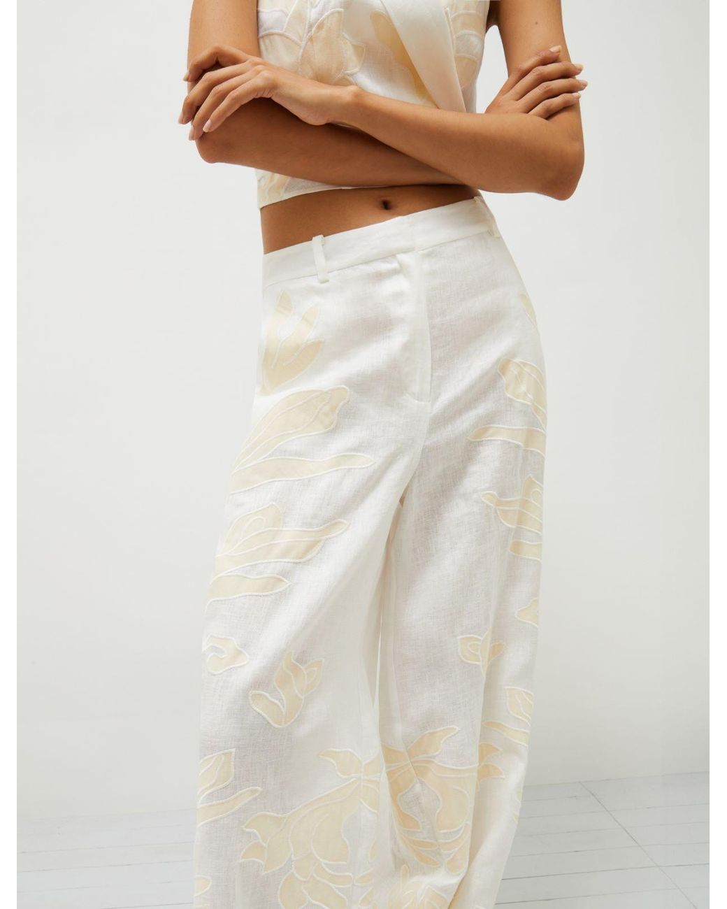Marella White Embroidered Linen Trousers