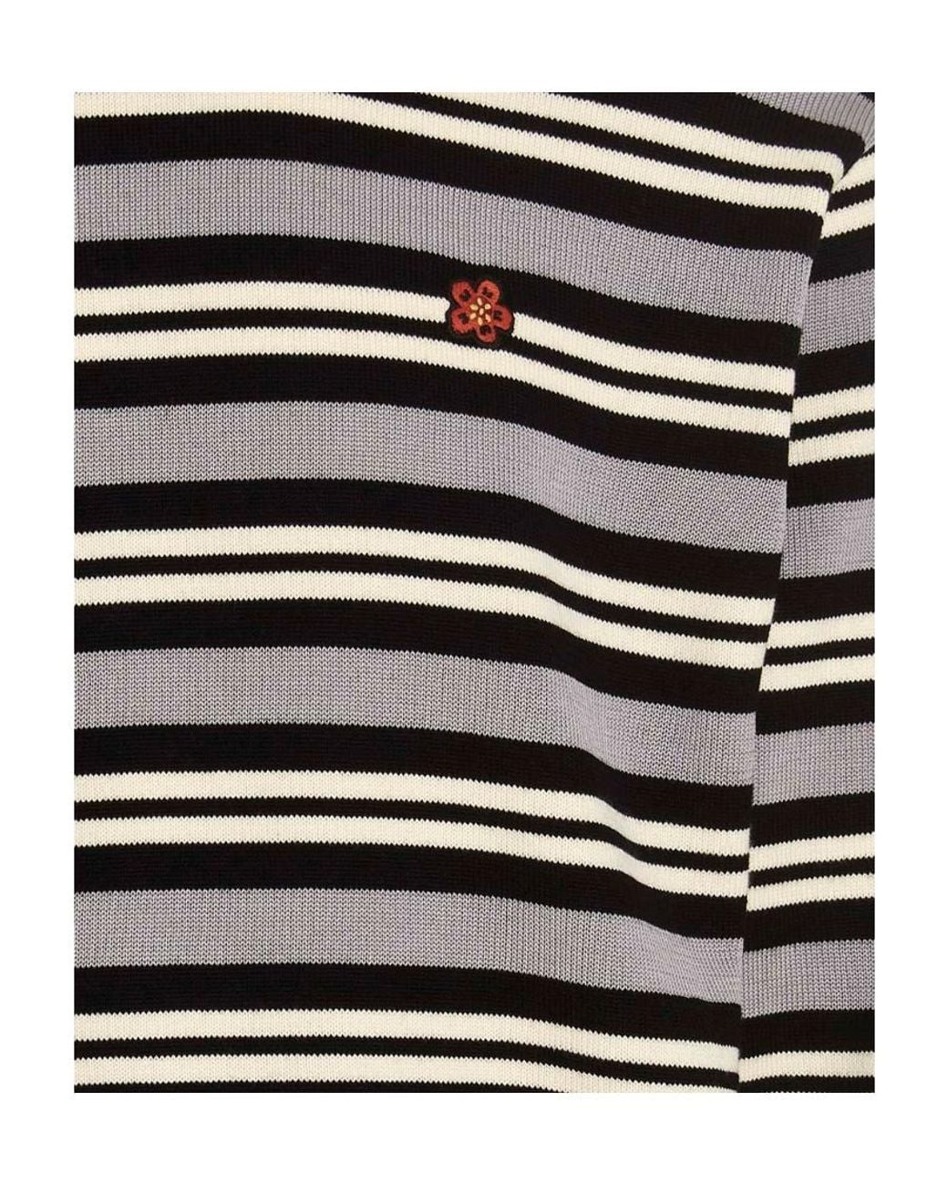 KENZO Black Flower Patch Striped Light Sweater for men