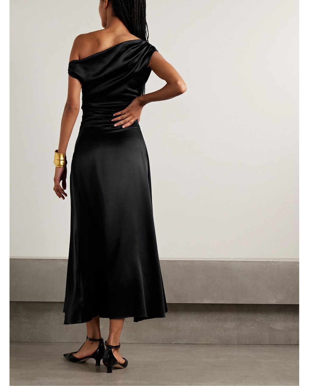 Staud Black Draped Silk-Blend Midi Dress
