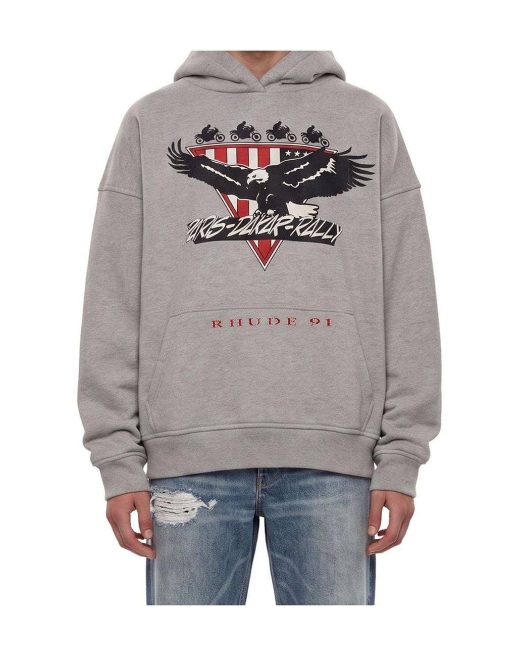 Rhude Gray Logo Printed Long-Sleeved Hoodie for men