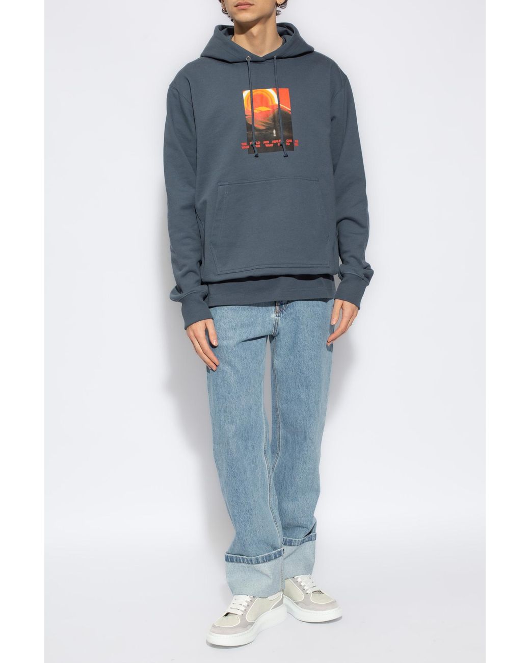 Helmut Lang Blue Graphic Printed Drawstring Hoodie for men
