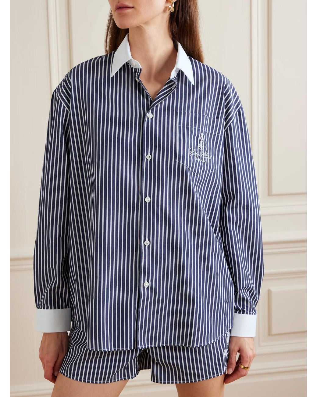 Sporty & Rich Blue Vendome Oversized Embroidered Striped Cotton Oxford Shirt