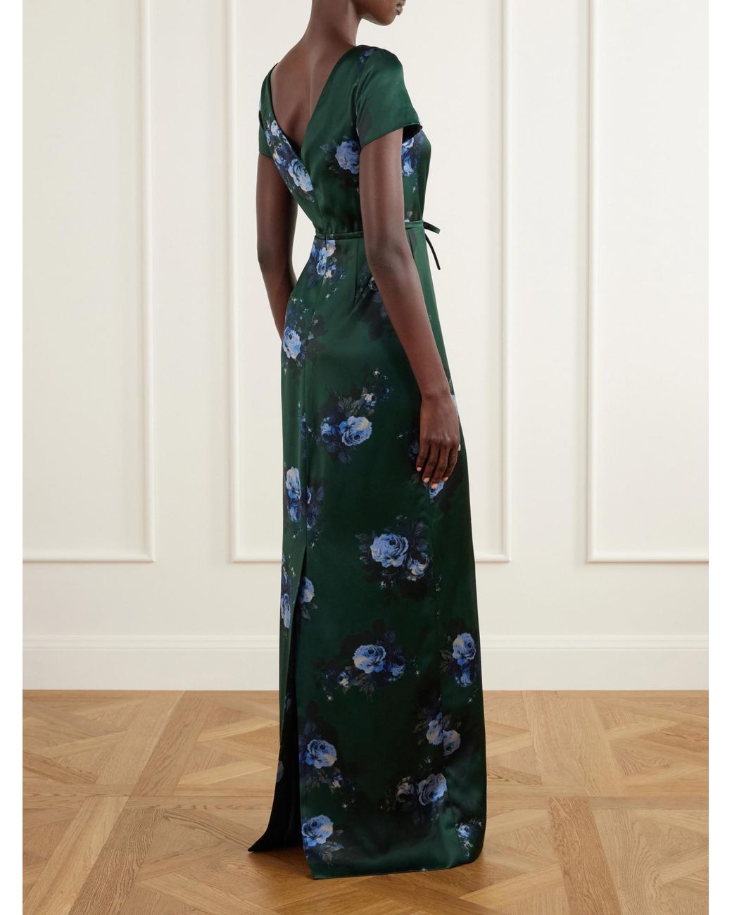 Erdem Green Duchess Bow-Detailed Floral-Printed Satin Gown
