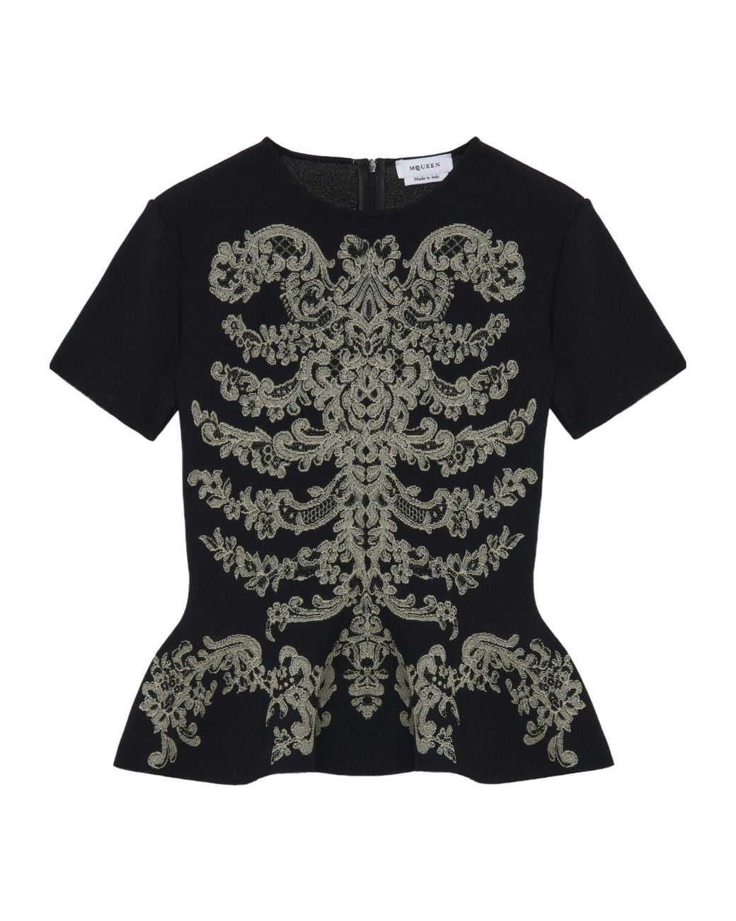 McQueen Black Lace Ribcage Jacquard Peplum Top