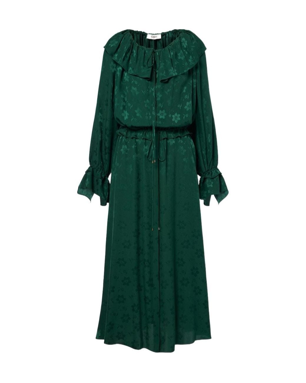 Chloé Green Ruffled Floral Silk Jacquard Midi Dress