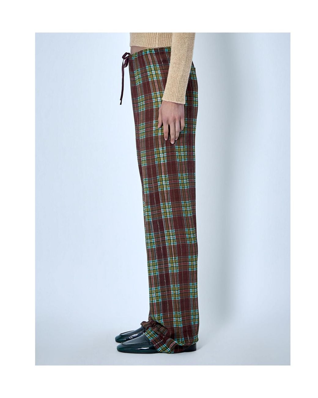 Dries Van Noten Gray Drawstring Plaid Casual Trousers