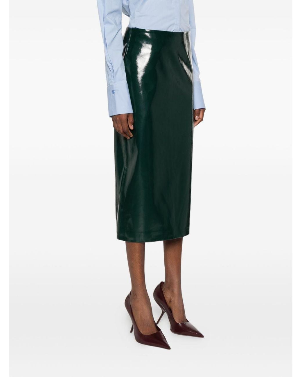 Frankie Shop Green High-Gloss Midi Skirt With Side Zipper