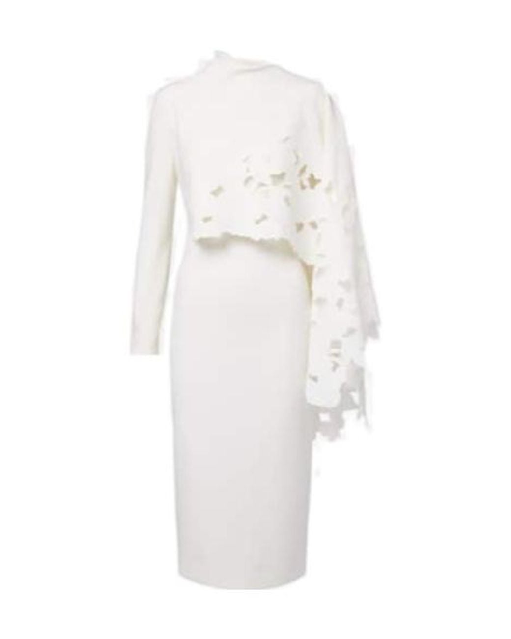 Oscar de la Renta White Cape-Detail Wool-Blend Midi Dress