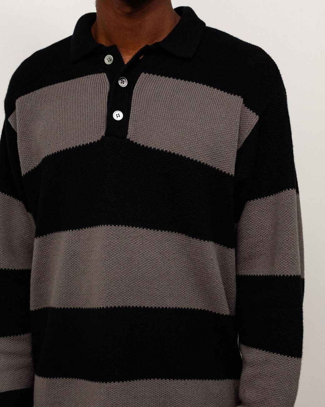 Stussy Black Pique Knit Stripe Rugby for men