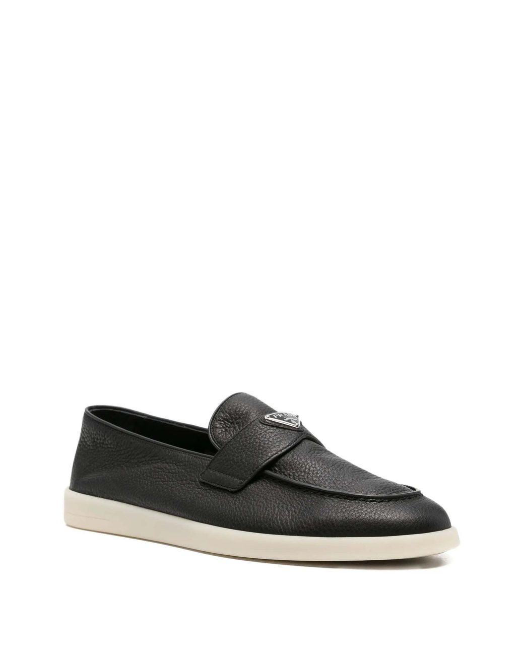 Prada Black Logo Plaque Almond Toe Loafers for men