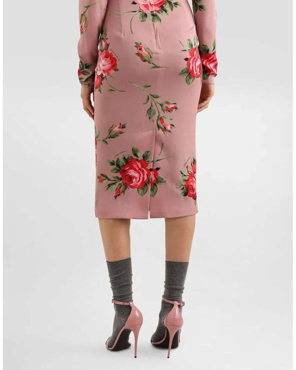 Dolce & Gabbana Pink Long-Sleeved Floral-Print Midi Dress