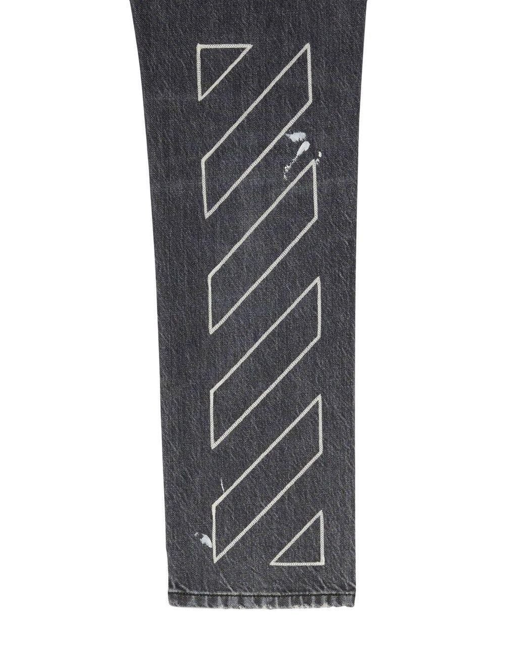 Off-White c/o Virgil Abloh Gray Diag-Striped Distressed Straight Leg Jeans for men