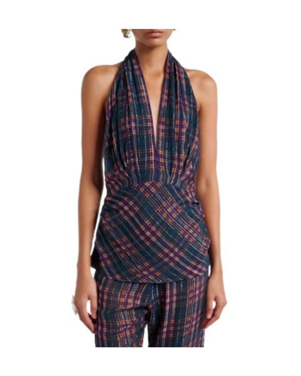 Dries Van Noten Blue Plaid Lamé Halterneck Top