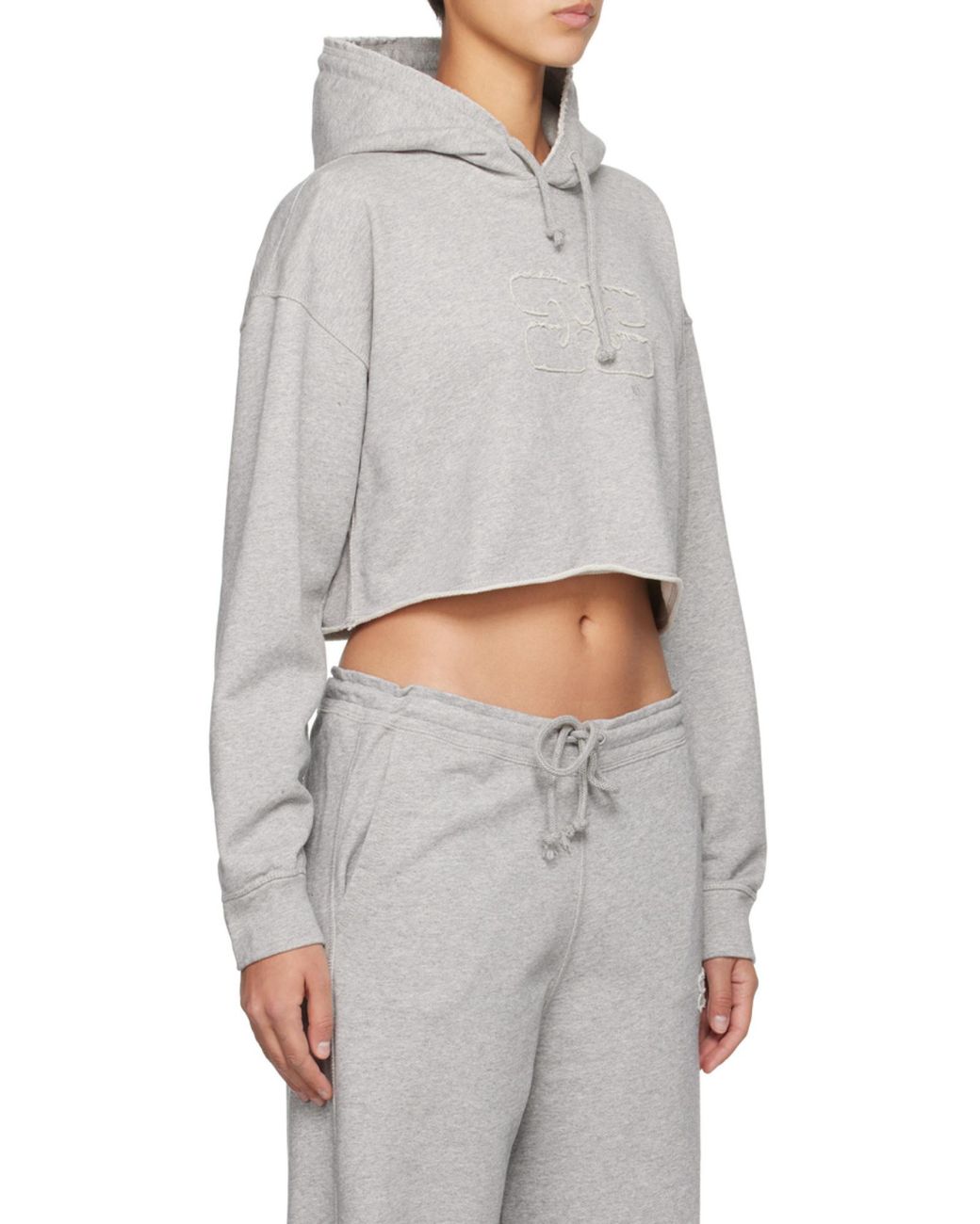 Ganni White Logo Embroidered Drawstring Cropped Hoodie
