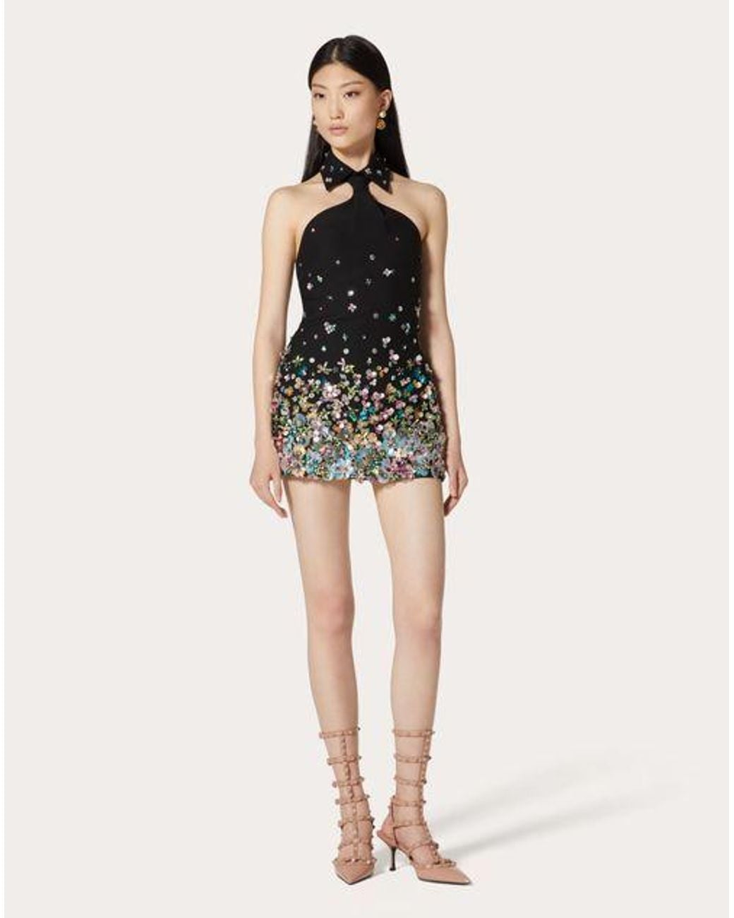 Valentino Black Floral-Embellished Collared Mini Dress