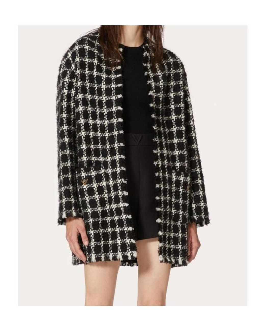 Valentino Black Tweed Checkered Vgold Coat